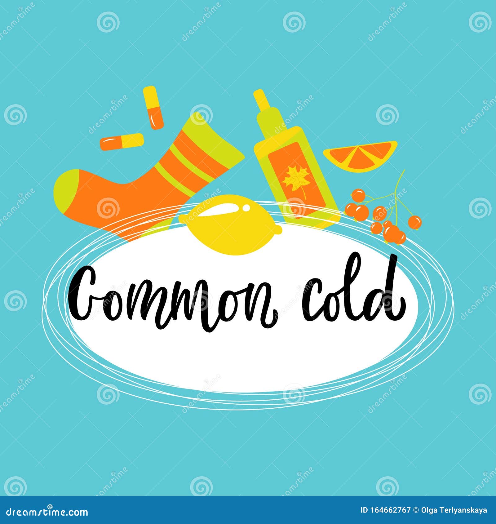 handwritten common cold with varios means and mediciness on blue background